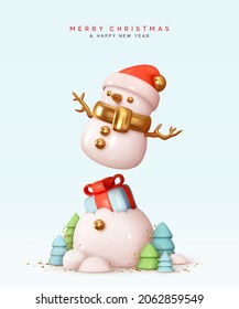 Christmas snowman with gift box, inside broken ball present surprise. New Year composition realistic 3d design. Xmas background. Holiday banner, web poster, flyer, stylish brochure, greeting card.