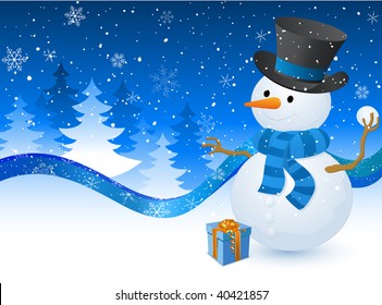 Christmas. Snowman with a gift box on the blue background เวกเตอร์สต็อก