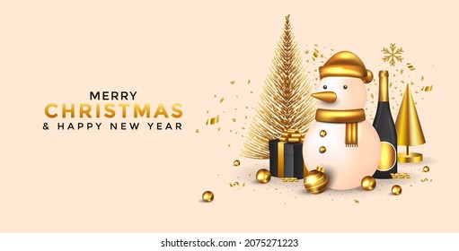 Christmas snowman with gift box , pine tree and deer, realistic 3d design, gold metal balls and snowflakes. Festive winter composition. Happy New Year and Xmas. Vector illustration