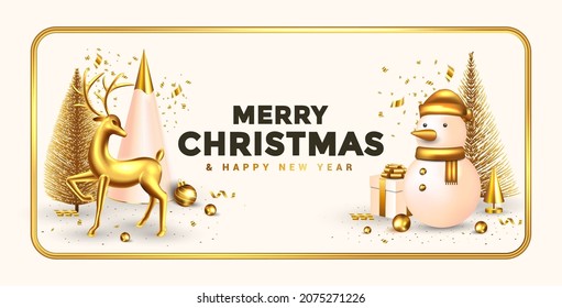 Christmas snowman with gift box , pine tree and deer, realistic 3d design, gold metal balls and snowflakes. Festive winter composition. Happy New Year and Xmas. Vector illustration