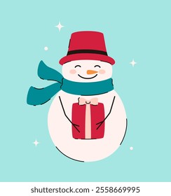 Christmas snowman with a gift. Flat vector illustration.