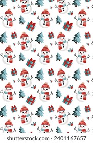 Christmas snowman and gifts box, wrapping paper, pattern seamless, winter greetings, web page background. Winter pattern with snowflakes, christmas trees and gifts.  Christmas New Year greeting cards.