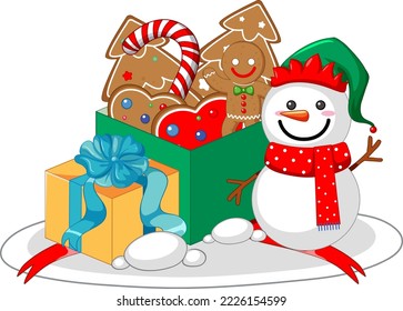 Christmas snowman with gingerbread in the box illustration