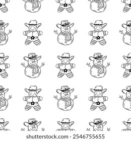 Christmas snowman and gingerbread in cowboy hat black outline seamless pattern. Western floral illustration.