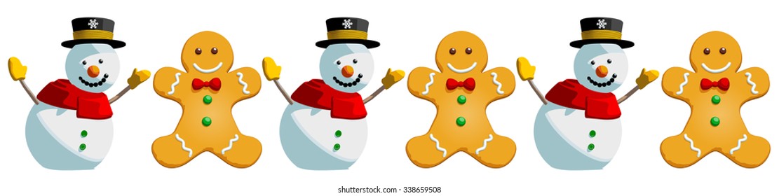 Christmas snowman and gingerbread man cookies. This is a vector illustration pattern isolated on white background. The cute festive characters are main symbols of the winter holidays.