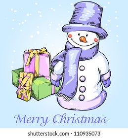 Christmas snowman gives presents to you
