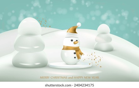 Christmas snowman with gold santa hat on his head and scarf. Snowman on podium in snow trees landscape. Realistic cartoon 3d style. Winter Christmas and Happy New Year vector background.