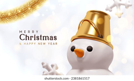 Christmas snowman with a golden bucket on his head. Realistic 3d cartoon style. Light blue white background in blurred bokeh lights. Vector illustration