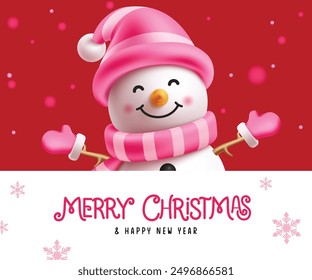 Christmas snowman greeting card vector template. Merry christmas and happy new year in white board space with snow man character wearing pink hat, scarf and gloves xmas elements. Vector illustration 