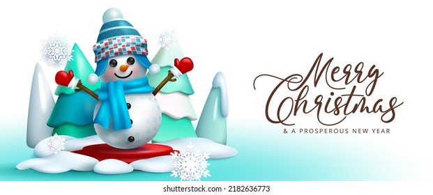 Christmas snowman greeting vector design. Merry christmas typography text with cute and happy snow man character and fir tree outdoor elements for winter holiday season. Vector illustration.
