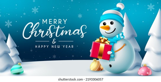 Christmas snowman greeting vector design. Merry christmas typography text with cute snow man character giving gift in outdoor snow and for winter holiday eve. Vector illustration.
