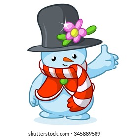 Christmas snowman with grey hat and striped scarf isolated on white background. Vector illustration