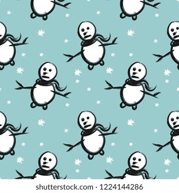 Christmas snowman hand drawn doodle seamless pattern for fashion textile print with blue color background.
