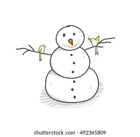 Christmas Snowman, a hand drawn vector illustration of a smiling snowman got visited by 2 cute birds.