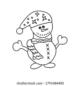 christmas snowman hand-drawn in doodle style, happy raising his hands up, contour drawing, decorative element, for coloring and shaping