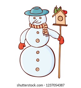 Christmas snowman in a hat with nesting box. Christmas traditional festive symbol. Isolated on white background. Vintage, doodle style. Vector color hand drawn illustration.