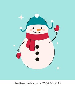 Christmas snowman in a hat and scarf. Flat vector illustration.