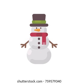 Christmas snowman in a hat and scarf flat illustration. Winter character icon