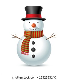 Christmas snowman with hat and scarf isolated on white background. Vector illustration