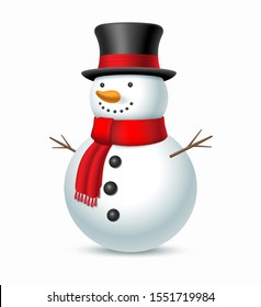 Christmas snowman with hat and scarf isolated on white background. Vector illustration