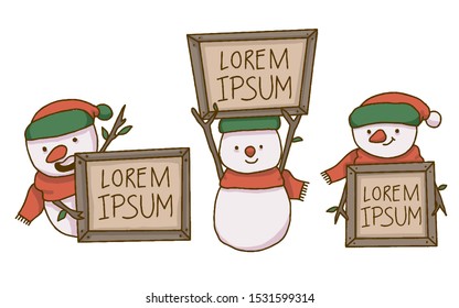 Christmas snowman holding wooden text signs
