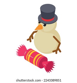 Christmas snowman icon isometric vector. Snowman in black hat and big candy icon. Christmas holiday, tradition