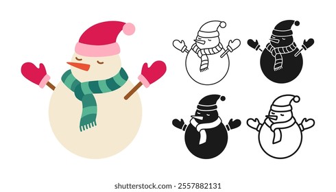 Christmas snowman icon set. Graphic symbol New year. Xmas character simple doodle illustration. Snowman sign for Christmas greeting card, postcard sticker poster invitation calendar, web banner vector
