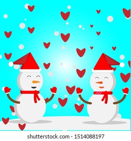 Christmas snowman illustration with snowflake and love heart on blue background.
