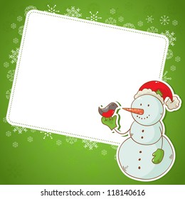 Christmas snowman invitation postcard with cartoon character on snowflakes background