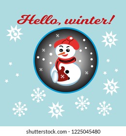 Christmas snowman isolated on blue background. Vector illustration. Hand drawn character, Winter