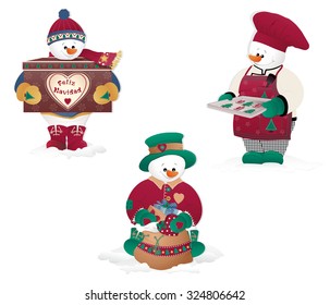 Christmas Snowman isolated in white. Gifts, cookies.