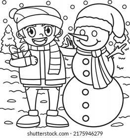 Christmas Snowman With Kid Coloring Page 