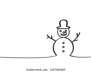 Christmas Snowman. Line drawing. Vector illustration on white background. New Year. Winter