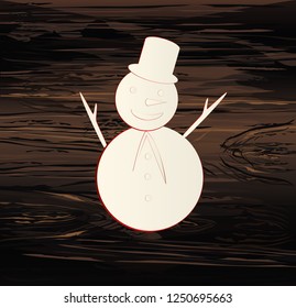 Christmas Snowman. Line drawing. Vector illustration on wooden background. New Year. Winter