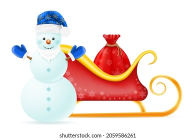 christmas snowman made of big snowballs with headdress vector illustration isolated on white background