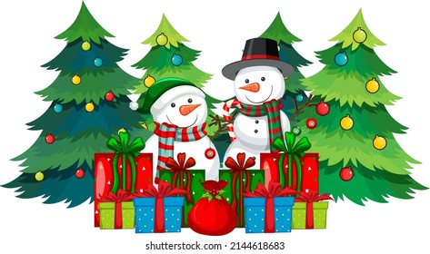 Christmas snowman with many gift boxes and decorated tree illustration