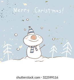 Christmas snowman, merry Christmas greeting card. Doodle style vector illustration. 