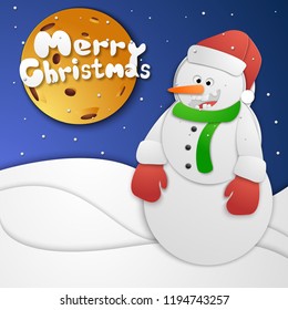 Christmas snowman with moon and stars symbols paper style vector illustration
