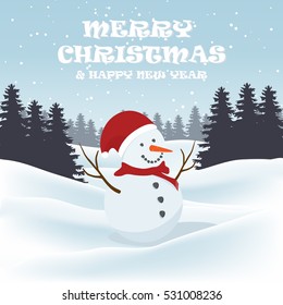 Christmas snowman on background forest. Greeting card with winter landscape on background