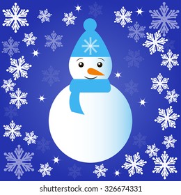Christmas snowman on blue background. Vector illustration