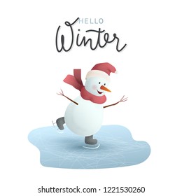 Christmas snowman on skates. Skating in the winter on ice. Isolated on white background. Hand drawn lettering. Vector illustration