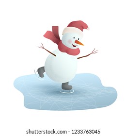 Christmas snowman on skates. Skating in the winter on ice. Isolated on white background. Vector illustration