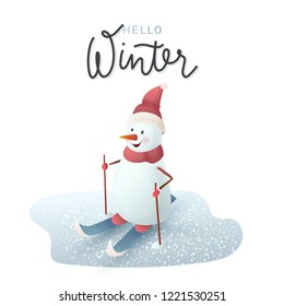 Christmas snowman on skis. Skiing in the winter from mountains, snow. Isolated on white background. Hand drawn lettering. Vector illustration