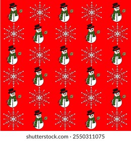 Christmas snowman pattern Red background for New Year's Eve holiday Gift wrapping paper, snowflakes, jewelry, blankets, curtains, rugs, clothing, textiles