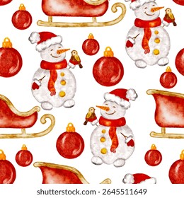 Padrão de boneco de neve de Natal com trenó, ornamentos vermelhos e decorações de férias de inverno. Ilustração vetorial