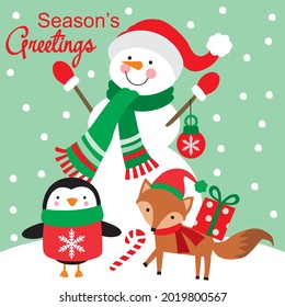 Christmas Snowman, penguin and fox for christmas card, gift bag or box design