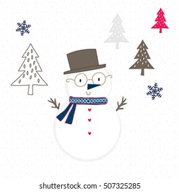 Christmas Snowman with pine trees vector illustration on white background