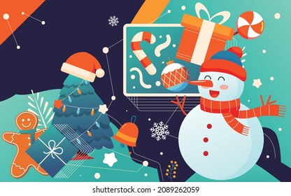 Christmas snowman poster winter holiday happy christmas eve gift box illustration
