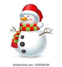 Christmas snowman in the red hat and plaid scarf. Vector illustration on white background.