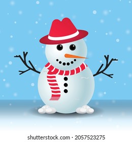 Christmas Snowman with a red hat. Snow falling background with a snowman. A Snowman with a red scarf. Christmas element design with tree branches, a red hat, carrot nose, snowballs, and snowflakes.